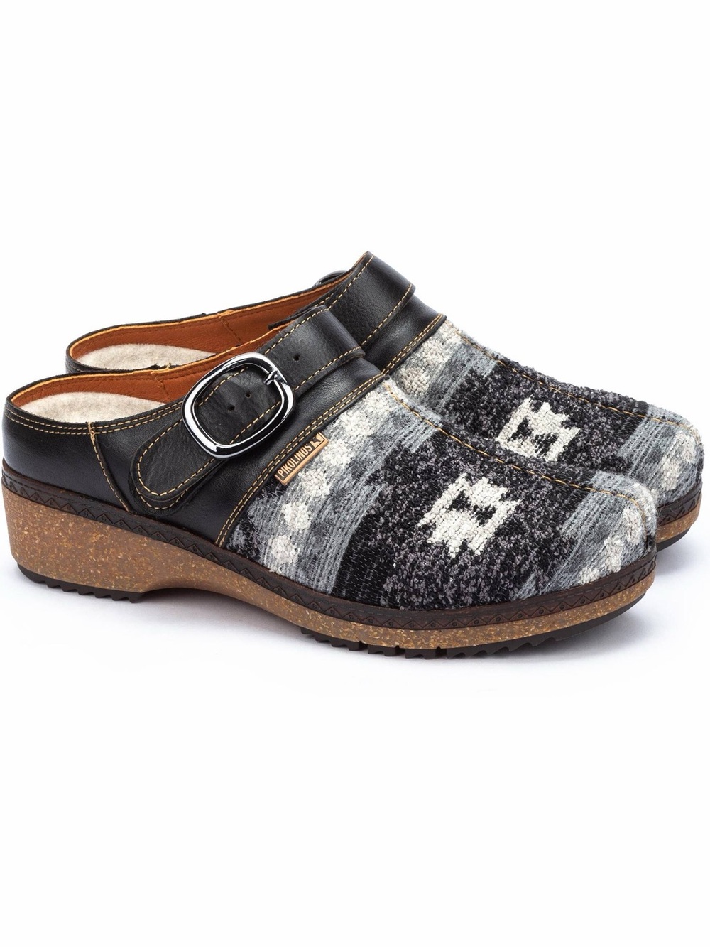 Pikolinos Granada Black & Gray Aztec Textile Slip-On Clog with Buckle, Sz 39
